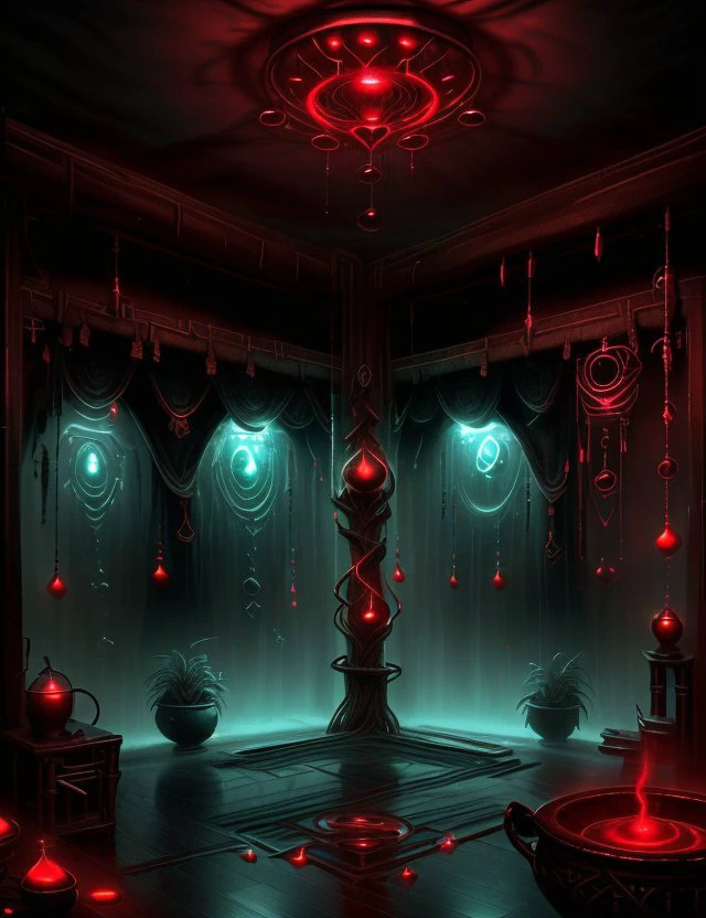 <lora:BloodMagic:1.0> bloodmagic Exotic Climate Simulation Chamber, Curtains,Floor Lamp,Washing Machine,Pot of Gold, Bamboo Flooring, Bioluminescent Organisms, Rope Lights, Solarpunk, sci-fi