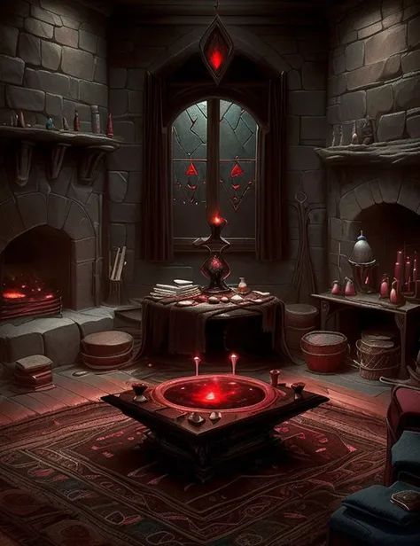 <lora:BloodMagic:1.0> bloodmagic Family Room, Blankets/Comforters,Cups/Glasses,Dresser,Dryer,Nightstand, Hardwood and Diorite stone and Stained Glass Tapestry Weave tapestry, Campfire, Moving Head Lights
