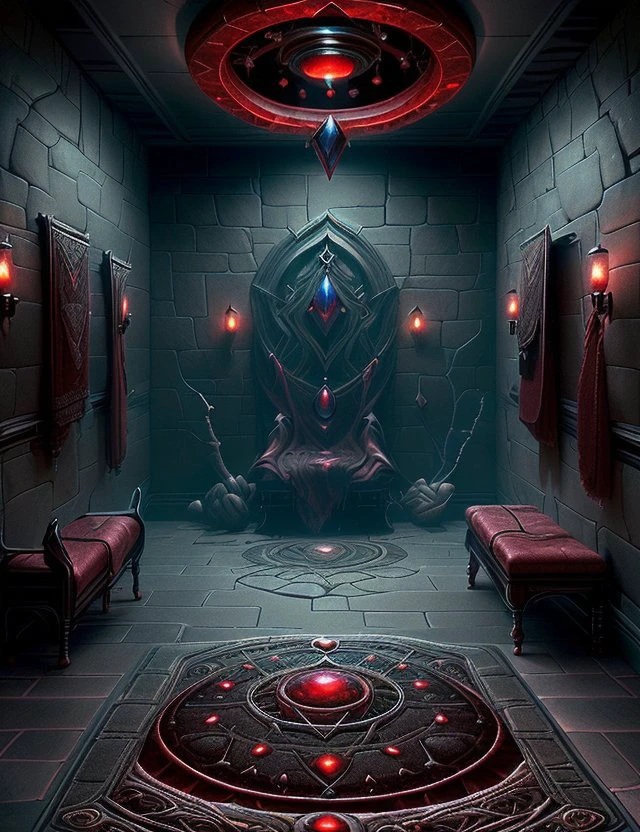 <lora:BloodMagic:1.0> bloodmagic Galactic Specimen Collection Room, Drawer Organizers,Chandelier,Jeweled Crown, Moquette Weave tapestry and Basalt stone and Rubber Flooring, Wall Sconces, Recessed Lighting, Teslapunk, sci-fi