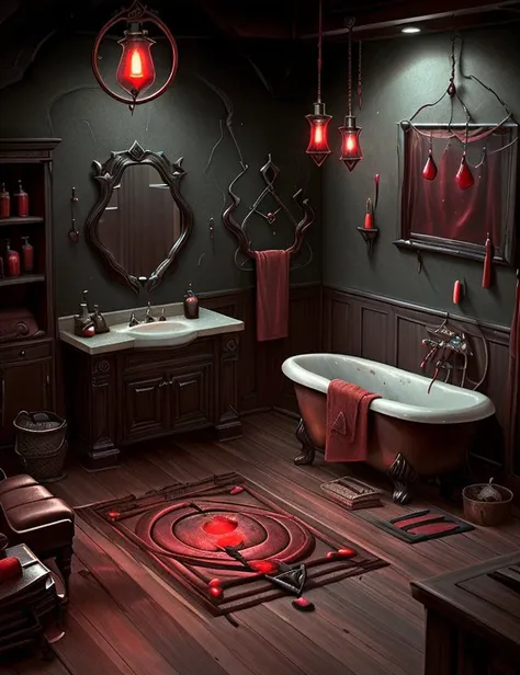 <lora:BloodMagic:1.0> bloodmagic Bathroom, Charging Station,Broom and Dustpan,Bookshelf,Table Lamp,Hand Soap, Hardwood, Fireplace, Pendant Lights