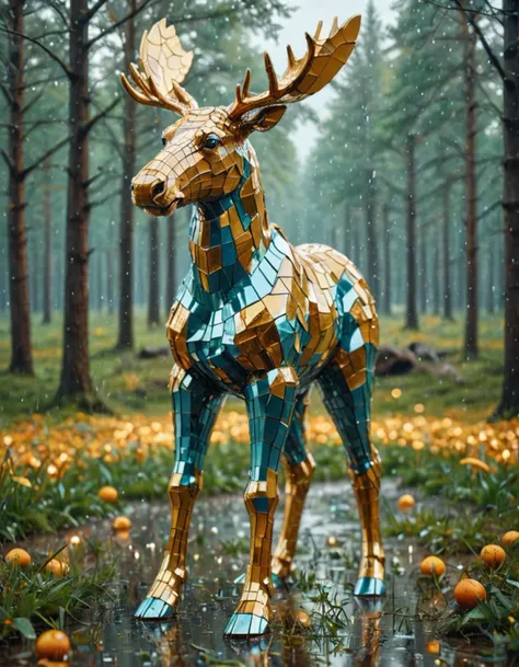 tiny Distorted (Sci-Fi:1.4) Moose in a (Tangerine, Lemon Yellow and Turquoise Dance tights:1.3) in the field, rain, a character portrait, Tilt-shift, bokeh, <lora:ral-dscbll:0.8> ral-dscbll, ambient atmosphere, dynamic, fantastic aesthetic, glossy, located artistic