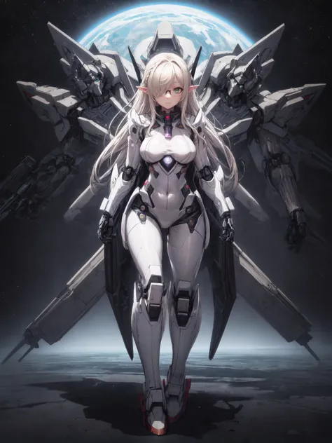 extremely detailed, volumetric lighting, best shadow, picture of beautiful elf girl with hourglass figure, very long hair, hair cover one eye, braided bangs, green eyes, glasses, perfect body, large breasts, girl wear space suit, plugsuit, sci-fi, <lora:add_detail:0.8>, <lora:GoodHands-beta2:0.5>, <lora:SuperMechaGirl:0.8> mecha musume, mechanical parts, super robot joints, full armor,