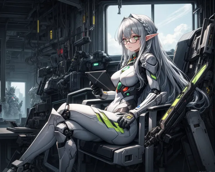 best quality, masterpiece, extremely detailed, volumetric lighting, best shadow, digital image of beautiful elf girl, very long hair, (hair cover one eye:1.1), (braided locks:1.1), green eyes, glasses, perfect body, large breasts, girl wear space suit, black and yellow plugsuit, bodysuit, mechanical parts, armor, glowing elements, sci-fi, <lora:add_detail:0.8>, inside space station, (sitting in chair, relaxed, tablet in hands:1.1), (window, cosmic background in window:1.1), <lora:SuperMechaGirl:0.8> mecha musume, mechanical parts, super robot joints, full armor, view from side,