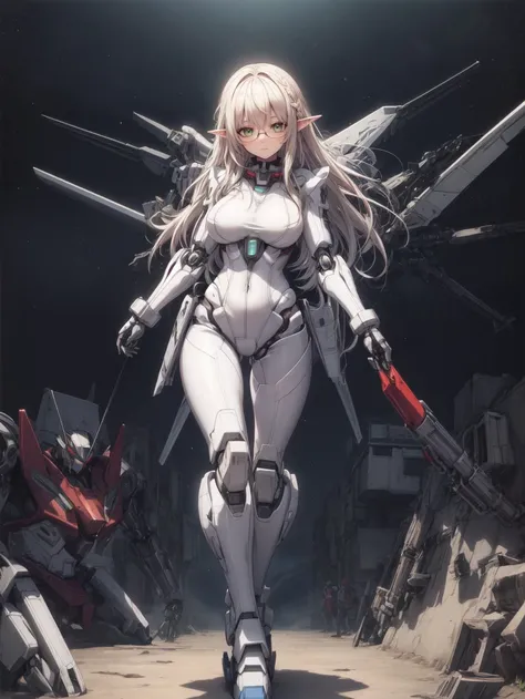 extremely detailed, volumetric lighting, best shadow, picture of beautiful elf girl with hourglass figure, very long hair, hair cover one eye, green eyes, glasses, perfect body, large breasts, girl wear space suit, plugsuit, sci-fi, (hold phone in hand:1.1), <lora:add_detail:0.8>, <lora:GoodHands-beta2:0.5>, <lora:SuperMechaGirl:0.8> mecha musume, mechanical parts, super robot joints, full armor,