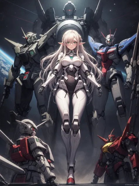 extremely detailed, volumetric lighting, best shadow, picture of beautiful elf girl with hourglass figure, very long hair, hair cover one eye, braided bangs, green eyes, glasses, perfect body, large breasts, girl wear space suit, plugsuit, sci-fi, <lora:add_detail:0.8>, <lora:GoodHands-beta2:0.5>, <lora:SuperMechaGirl:0.8> mecha musume, mechanical parts, super robot joints, full armor,