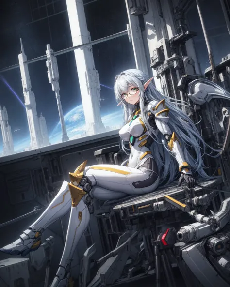 best quality, masterpiece, extremely detailed, volumetric lighting, best shadow, digital image of beautiful elf girl, very long hair, (hair cover one eye:1.1), (braided locks:1.1), green eyes, glasses, perfect body, large breasts, girl wear space suit, white and yellow plugsuit, bodysuit, mechanical parts, armor, glowing elements, sci-fi, <lora:add_detail:0.8>, inside space station, sitting in chair, relaxed, window, cosmic background in window, <lora:SuperMechaGirl:0.8> mecha musume, mechanical parts, super robot joints, full armor, view from side,