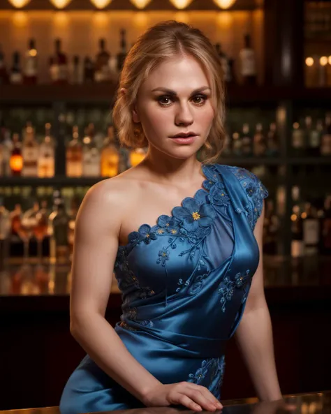 portrait modelshoot photo of a woman, Anna Paquin <lyco:Anna Paquin:1.2>, wearing long elegant blue silk dress with intricate flowers embroidery, in a luxurious cocktail bar at sunset