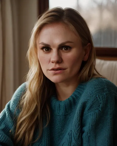 portrait modelshoot photo of a woman, Anna Paquin <lyco:Anna Paquin:1.2>, wearing chunky knit teal sweater with intricate pattern, in a winter sunlit living room