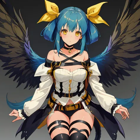 masterpiece,best quality,diji,1girl,ribbon,hair ribbon,asymmetrical wings,wings,choker,tail,yellow ribbon,thighhighs,belt,thigh strap,
<lora:diji_10:0.9>,