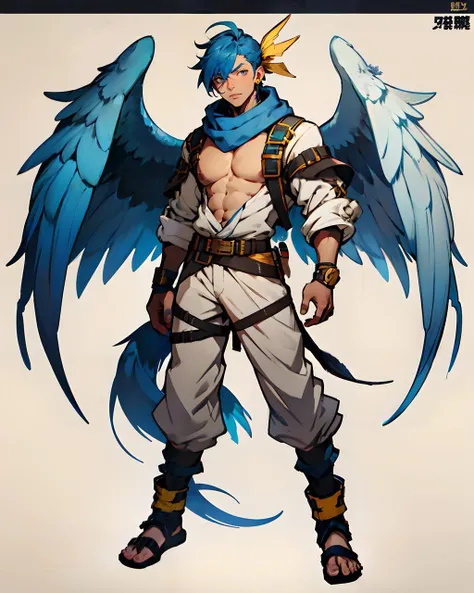 full body and head. handsome young adult manly man, diji, blue hair, yellow bandana, (asymmetrical wings:1.4), wings, belt, (tail:1.1), <lora:diji_10:0.75>