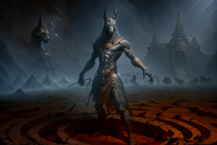 anubis,
worms, blood pool, skulls, Egypt chamber, dust, wind, dark, dim light, volumetric lighting,
Hyperrealism, breathtaking, ultra realistic, ultra detailed, cinematic lighting, highly detailed, breathtaking, photography, stunning environment, wide-angle,
<lora:epiNoiseoffset_v2:1> <lora:fantasyCharacter_anubisV10:0.7>