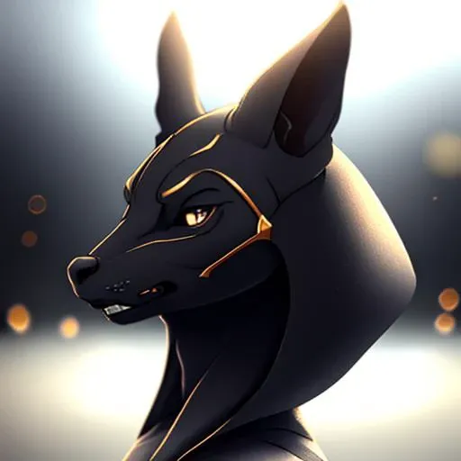 Anubis, Blue eyes, black fur, fit female, (soft shading), 4K, it's empty here, ((detailed face, detailed)), от zackary911, from Sausch, (for dating:0.5), portrait, upper body, focus on the face, smile, in the bathroom, hair, standing in front of the mirror, looking in the mirror, reflection in the mirror, towel on the waist,