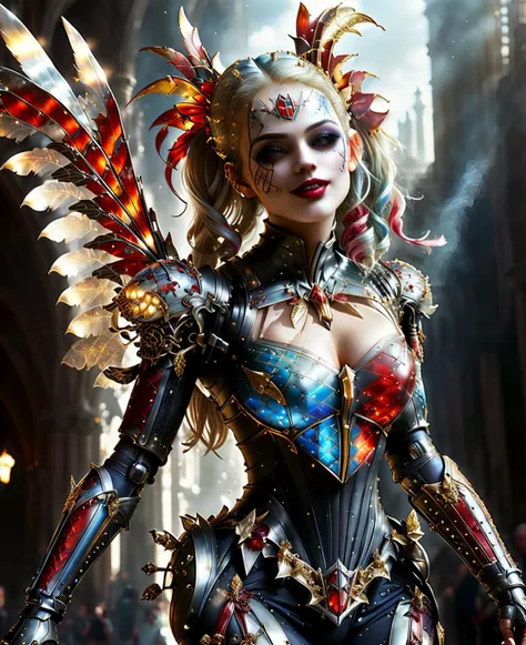 score_9, score_8_up, score_7_up, score_6_up, score_5_up, score_4_up, beautiful gorgeous harley quinn as an armored warrior, brilliant holy feathery wings, holding gleaming glowing sword, ancient cathedral in background, concept art, digital art, realistic, <lora:angeles:1> <lora:RPGJesterXL:1> <lora:add-detail-xl:1> <lora:crystalz:1> <lora:WowifierXL-V2:1> <lora:breastsizeslideroffset:1> <lora:skin_slider_v1:1>