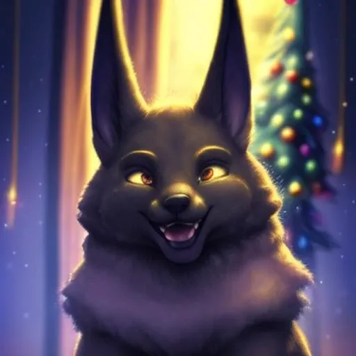realistic, highly  detailed, masterpiece, best quality, absurdres, volumetric lighting, atmospheric effects, bokeh, shallow depth of field, dim romantic lighting, christmas, christmas tree, colorful lights,
<lora:anubis:0.8> anubis, male, solo, happy, black, 
 <lora:fluffy:3.5> fluffy, open mouth,