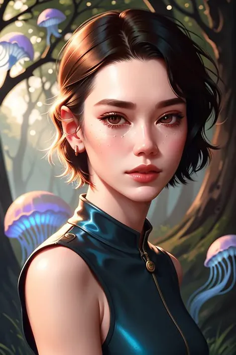 wlop ilya kuvshinov., masterpiece, sophisticated, (Greg Rutkowski), realistic, detailed color, short hair, best quality, rustic forest hut background, flowers, ultra detail, intricate, <lora:fantasyCharacter_demonV10:0.8>, (river), bloom, (large amount of jellyfish:1.3), negative space, high quality, outdoors, hyperdetailed, ((best quality)), 35mm, asian woman wearing Urban_Gal, Atey Ghailan, whimsical, (Photorealistic:1.3), incredibly absurdres, (high-resolution:1.2, glazed eyes:1.3, masterpiece), detailed skin texture, photorealistic, mysterious, adult male, sunlight, 4k