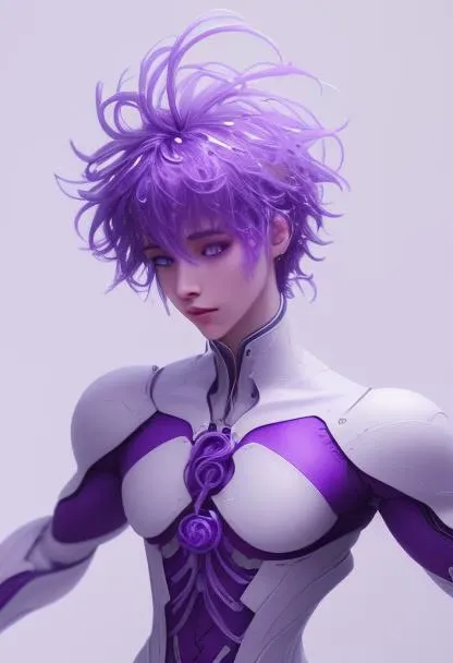 contrast, bloom, raw photo, <lora:fantasyCharacter_demonV10:0.8>, 8k, (realistic: 1.3), wires, arms behind back, ultra detailed, (ultra high res), purple hair, (white background:1.5), intricate details, splashing water