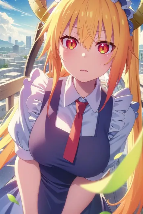 dragontohru, <lora:dragon tohru s2-lora-nochekaiser:1>,
tohru, tohru \(maidragon\), long hair, bangs, blonde hair, hair between eyes, twintails, very long hair, multicolored hair, horns, fang, gradient hair, dragon horns, (red eyes:1.3), (slit pupils:1.5),
BREAK gloves, dress, tail, short sleeves, necktie, white gloves, maid, maid headdress, dragon girl, dragon tail, scales, large tail,
BREAK outdoors, sun, sky, clouds, city,
BREAK looking at viewer, (cowboy shot:1.5),
BREAK <lyco:GoodHands-beta2:1>, (masterpiece:1.2), best quality, high resolution, unity 8k wallpaper, (illustration:0.8), (beautiful detailed eyes:1.6), extremely detailed face, perfect lighting, extremely detailed CG, (perfect hands, perfect anatomy),