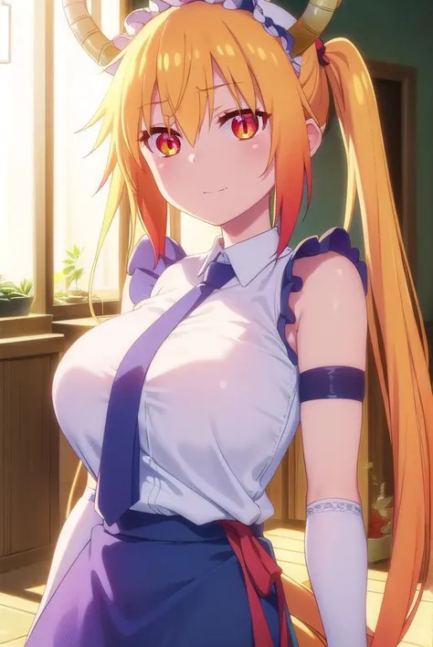 dragontohru, <lora:dragon tohru s2-lora-nochekaiser:1>,
tohru, tohru \(maidragon\), long hair, bangs, blonde hair, hair between eyes, twintails, very long hair, multicolored hair, horns, fang, gradient hair, dragon horns, (red eyes:1.3), (slit pupils:1.5), smile,
BREAK gloves, necktie, sleeveless, white gloves, maid headdress, detached sleeves, shirt, (white shirt:1.5), collared shirt,
BREAK indoors, restaurant,
BREAK looking at viewer, (cowboy shot:1.5),
BREAK <lyco:GoodHands-beta2:1>, (masterpiece:1.2), best quality, high resolution, unity 8k wallpaper, (illustration:0.8), (beautiful detailed eyes:1.6), extremely detailed face, perfect lighting, extremely detailed CG, (perfect hands, perfect anatomy),