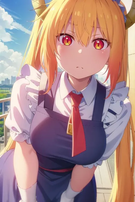 dragontohru, <lora:dragon tohru s2-lora-nochekaiser:1>,
tohru, tohru \(maidragon\), long hair, bangs, blonde hair, hair between eyes, twintails, very long hair, multicolored hair, horns, fang, gradient hair, dragon horns, (red eyes:1.3), (slit pupils:1.5),
BREAK gloves, dress, tail, short sleeves, necktie, white gloves, maid, maid headdress, dragon girl, dragon tail, scales, large tail,
BREAK outdoors, sun, sky, clouds, city,
BREAK looking at viewer, (cowboy shot:1.5),
BREAK <lyco:GoodHands-beta2:1>, (masterpiece:1.2), best quality, high resolution, unity 8k wallpaper, (illustration:0.8), (beautiful detailed eyes:1.6), extremely detailed face, perfect lighting, extremely detailed CG, (perfect hands, perfect anatomy),