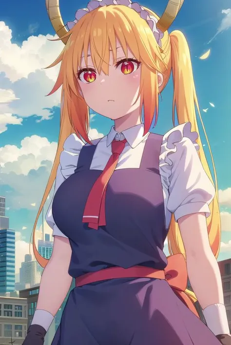 dragontohru, <lora:dragon tohru s2-lora-nochekaiser:1>,
tohru, tohru \(maidragon\), long hair, bangs, blonde hair, hair between eyes, twintails, very long hair, multicolored hair, horns, fang, gradient hair, dragon horns, (red eyes:1.3), (slit pupils:1.5),
BREAK gloves, dress, tail, short sleeves, necktie, white gloves, maid, maid headdress, dragon girl, dragon tail, scales, large tail,
BREAK outdoors, sun, sky, clouds, city,
BREAK looking at viewer, (cowboy shot:1.5),
BREAK <lyco:GoodHands-beta2:1>, (masterpiece:1.2), best quality, high resolution, unity 8k wallpaper, (illustration:0.8), (beautiful detailed eyes:1.6), extremely detailed face, perfect lighting, extremely detailed CG, (perfect hands, perfect anatomy),