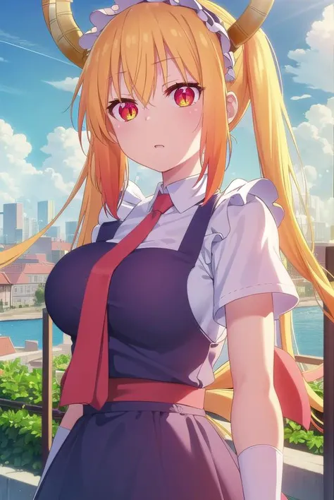 dragontohru, <lora:dragon tohru s2-lora-nochekaiser:1>,
tohru, tohru \(maidragon\), long hair, bangs, blonde hair, hair between eyes, twintails, very long hair, multicolored hair, horns, fang, gradient hair, dragon horns, (red eyes:1.3), (slit pupils:1.5),
BREAK gloves, dress, tail, short sleeves, necktie, white gloves, maid, maid headdress, dragon girl, dragon tail, scales, large tail,
BREAK outdoors, sun, sky, clouds, city,
BREAK looking at viewer, (cowboy shot:1.5),
BREAK <lyco:GoodHands-beta2:1>, (masterpiece:1.2), best quality, high resolution, unity 8k wallpaper, (illustration:0.8), (beautiful detailed eyes:1.6), extremely detailed face, perfect lighting, extremely detailed CG, (perfect hands, perfect anatomy),