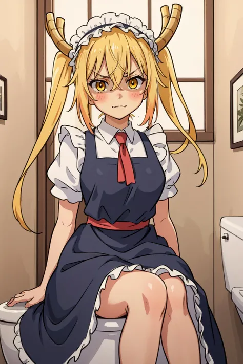 (masterpiece, best quality), intricate details,
1girl, <lora:tohrutest:0.8> tohru, blonde hair, dragon girl, dragon tail, fang, hair between eyes, horns, large tail, long hair, scales, tail, twintails, (yellow eyes:1.5), slit pupils, bow, frills, maid, maid headdress,,
angry,
<lora:shadedFaceEyesIn_shadedFace:0.8> shaded face, bathroom, sitting on toilet, embarrassed, blushing, <lora:glaringV_Conv2D:0.5> glaring,