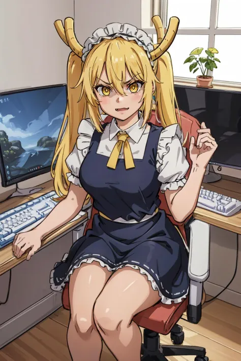 (masterpiece, best quality), intricate details,
1girl, <lora:tohrutest:0.8> tohru, blonde hair, dragon girl, dragon tail, fang, hair between eyes, horns, large tail, long hair, scales, tail, twintails, (yellow eyes:1.5), slit pupils, bow, frills, maid, maid headdress,
angry, glaring,
<lora:shadedFaceEyesIn_shadedFace:0.8> shaded face, bedroom, bed, window, <lora:gaming_girl_v1.2:0.8> gaming chair, computer, keyboard, monitors, sitting in chair,