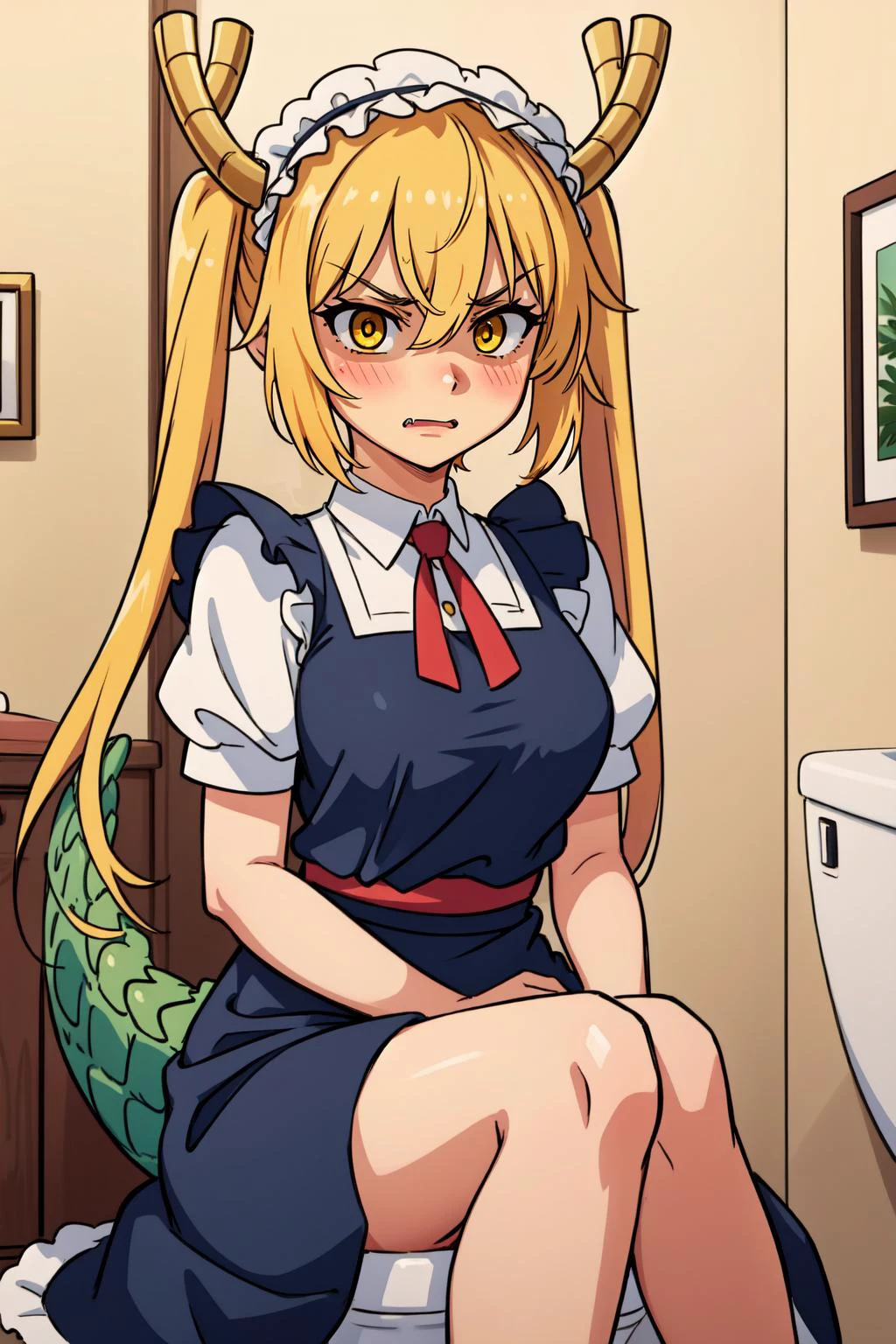 (masterpiece, best quality), intricate details,
1girl, <lora:tohrutest:0.8> tohru, blonde hair, dragon girl, dragon tail, fang, hair between eyes, horns, large tail, long hair, scales, tail, twintails, (yellow eyes:1.5), slit pupils, bow, frills, maid, maid headdress,,
angry,
<lora:shadedFaceEyesIn_shadedFace:0.8> shaded face, bathroom, sitting on toilet, embarrassed, blushing, <lora:glaringV_Conv2D:0.5> glaring,