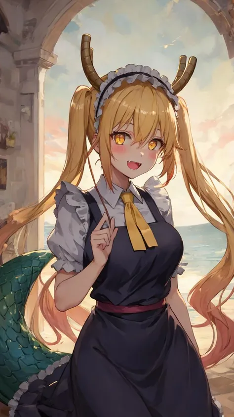 lumen reflections, natural lighting, evocative, triadic color scheme, cowboy shot, elegant, voluptuous:0.6, looking at viewer, 1girl, female, solo, blush, open mouth, smile, teeth, sfw, <lora:tohrutest:1>, tohru, blonde hair, dragon girl, dragon tail, fang, hair between eyes, horns, large tail, long hair, scales, tail, twintails, (yellow eyes:1.5), slit pupils, bow, frills, maid, maid headdress,