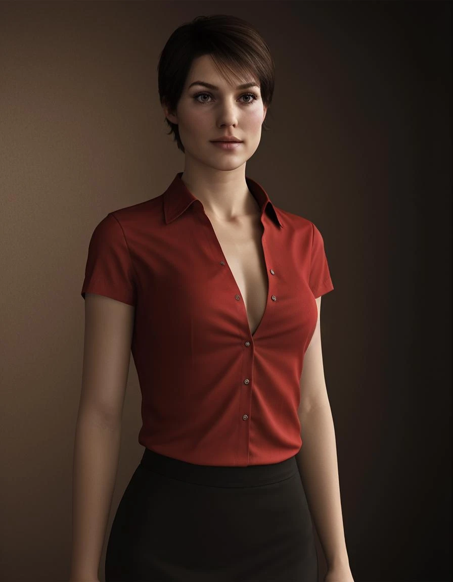 <lora:Mad1pa1:1> mad1pa1 woman, 1girl, standing, red blouse, black skirt, short brown hair, cgi, 3d, render, realistic, sharp detail, hd, best quality, background, soft focus