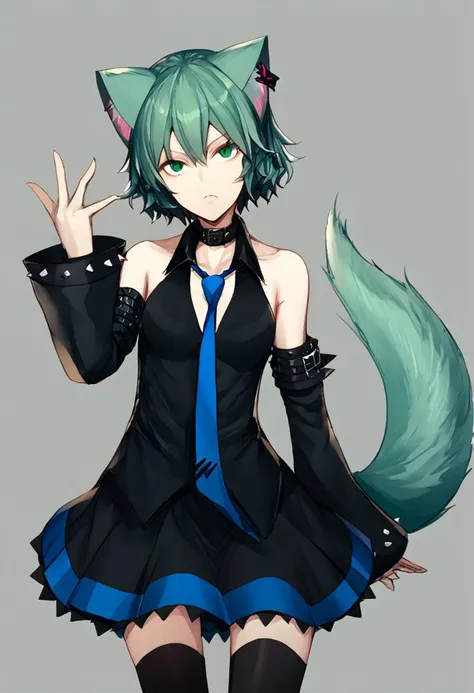 score_9, score_8_up, score_7_up, score_6_up, score_5_up, score_4_up, source_anime, 1girl, 
haganemiku, kasodani kyouko, short_hair, green_eyes, animal_ears, green_hair, tail, wavy_hair, hair_flaps, 
goth fashion, spikes, black shirt, collared shirt, sleeveless shirt, blue necktie, black sleeves, detached sleeves, black skirt, black thighhighs, black collar, bare shoulders, 
masterpiece, best quality, very aesthetic, absurdres,