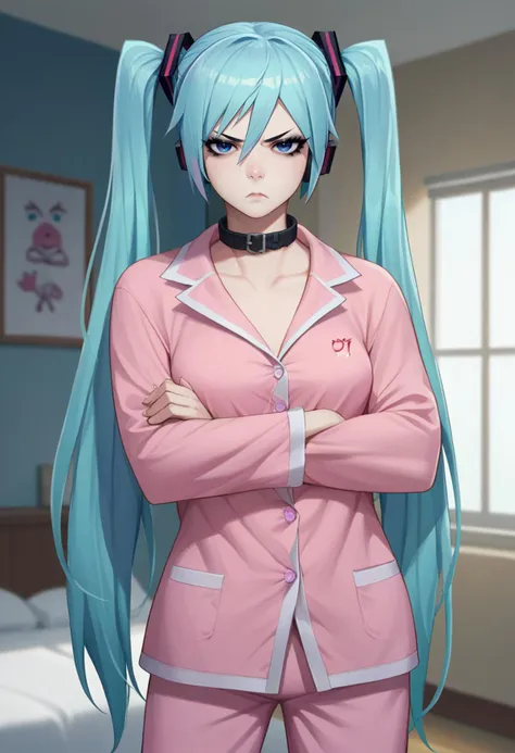 score_9, score_8_up, score_7_up, source_anime, cowboy shot, solo, 1girl, haganemiku, unamused, looking at viewer, standing, crossed arms, aqua hair, twintails, blue eyes, black eyeshadow, pink pajamas, black collar, indoors, bedroom <lora:vocaloid_haganemiku_ponyXL:1>