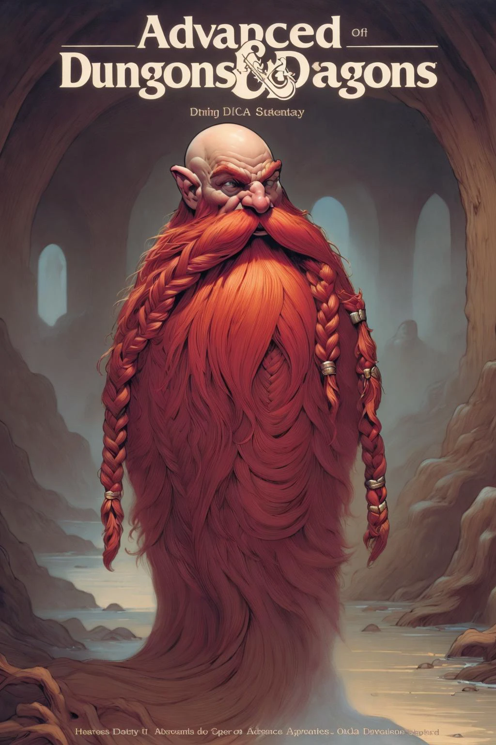 advdnd2023, book cover, novel illustration, intricate art, advanced dungeons and dragons, painting, open field, <lora:Harry_Dwarf_1.5:0.8> Harry_Dwarf, Braided moustache, flowing long red beard, bald , bangles, <lora:Harry_Dwarf_SD1.5:1> <lora:advdnd2023:0.9>, "advanced dungeons and dragons"