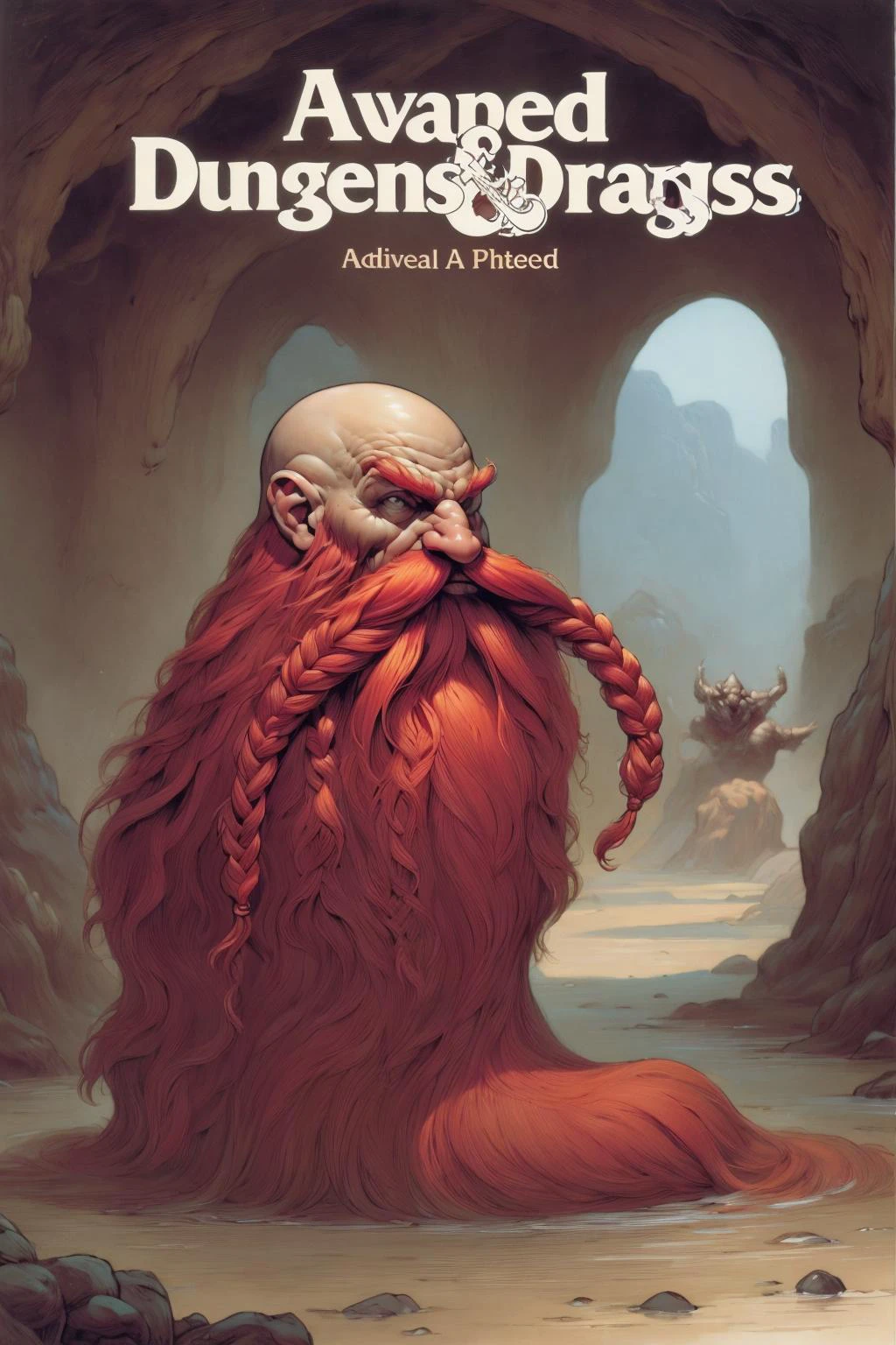 advdnd2023, book cover, novel illustration, intricate art, advanced dungeons and dragons, painting, open field, <lora:Harry_Dwarf_1.5:0.8> Harry_Dwarf, Braided moustache, flowing long red beard, bald , bangles, <lora:Harry_Dwarf_SD1.5:1> <lora:advdnd2023:0.9>, "advanced dungeons and dragons"