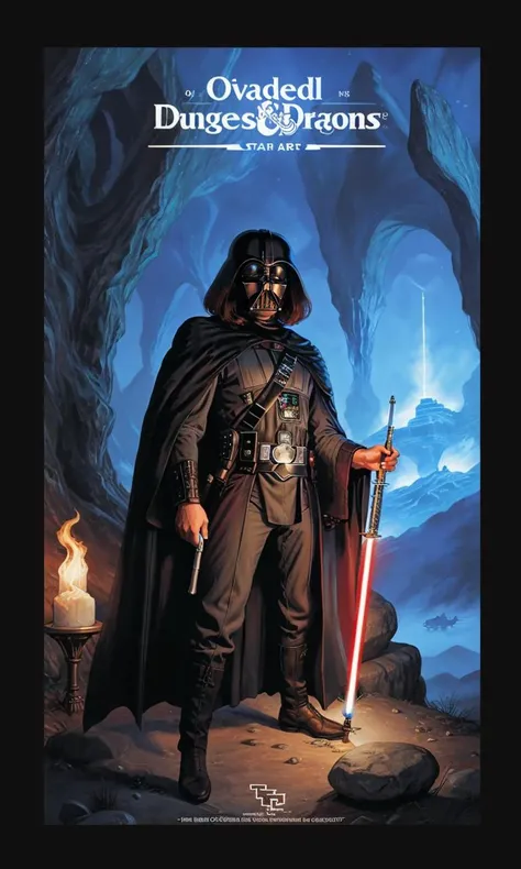 advdnd2023, book cover, novel illustration, sci-fi, star wars, intricate art, broshild2023, advanced dungeons and dragons, holding lightsabre, Darth Vader