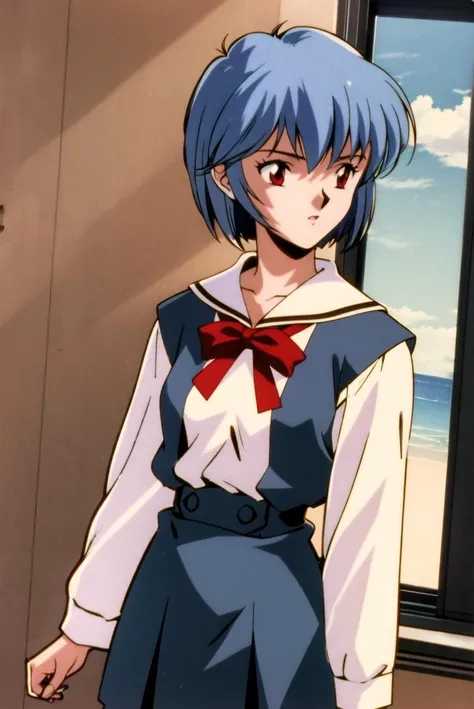 <lora:Ayanami:0.8>,1girl,solo,blue hair,short hair,bangs,red eyes,small breasts,cowboy shot,1990s \(style\),school uniform,school,indoors,
