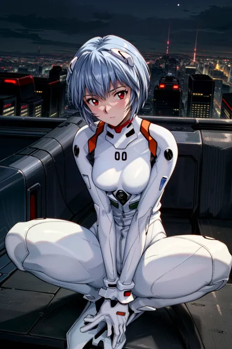 (masterpiece, best quality, detailed), 1girl, solo, pikkyayanami, looking at viewer, blue hair, short hair, bangs, red eyes, breasts, small breasts, white bodysuit, plugsuit, bodysuit, interface headset, pilot suit,
sitting, arm support, outdoors, rooftop, cityscape, night, scenery, railing