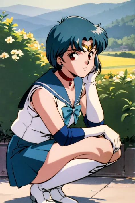 masterpiece,best quality,highres,<lora:Ayanami:0.8>,1girl,solo,blue hair,short hair,bangs,red eyes,cowboy shot,1990s \(style\),<lora:GoodHands-beta2:1>,tiara,sailor senshi uniform,blue sailor collar,bow,knee boots,choker,white gloves,blue choker,elbow gloves,jewelry,earrings,blue skirt,park,outdoors,looking at viewer,<lora:mercury_v2:0.3>,squatting,