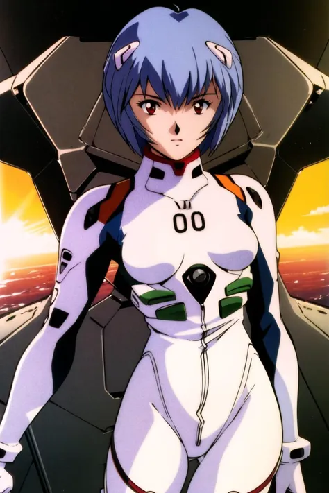 masterpiece,best quality,highres,<lora:Ayanami:0.8>,pikkyayanami,1girl,solo,blue hair,short hair,bangs,red eyes,cowboy shot,1990s \(style\),<lora:GoodHands-beta2:1>,looking at viewer,park,sunlight,dynamic pose,breasts,small breasts,white bodysuit,plugsuit,bodysuit,interface headset,pilot suit,