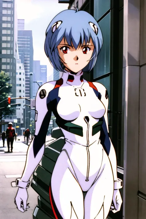 <lora:Ayanami:0.8>,1girl,solo,looking at viewer,blue hair,short hair,bangs,red eyes,breasts,small breasts,white bodysuit,plugsuit,bodysuit,interface headset,pilot suit,city,street,cowboy shot,