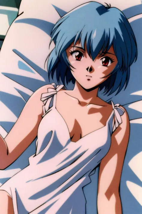 masterpiece,highest quality,High resolution,One girl,alone,Blue Hair,short hair,bangs,Red eyes,Cowboy Shot,1990s \(style\),On the bed,Lie in,Nightgown,