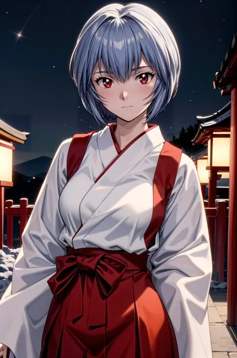 (masterpiece, best quality, detailed), 1girl, solo, pikkyayanami, blue hair, short hair, bangs, red eyes, small breasts, looking at viewer,
miko, japanese clothes, red hakama, hakama skirt, wide sleeves, white kimono, ribbon trim, outdoors, night, torii, shrine, east asian architecture, contrapposto, closed mouth