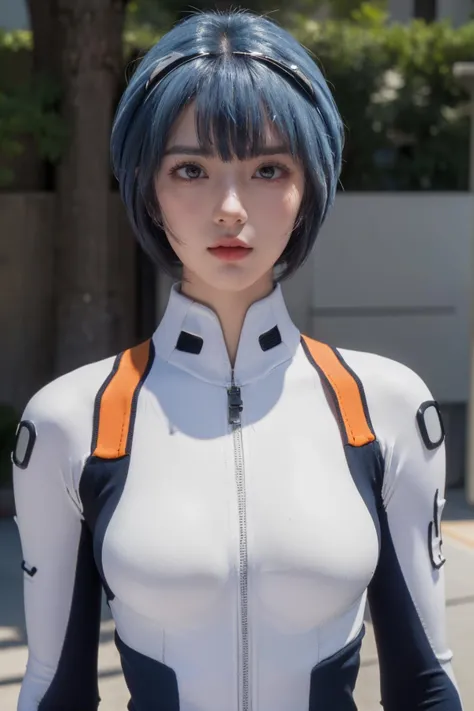 ((One Girl:1.4)),(masterpiece, Highest quality), ayanami,Plug Suit, Bodysuits, Interface Headset, white Bodysuits, Are standing,((Looking into the camera)),Blue Hair、Berry Short、