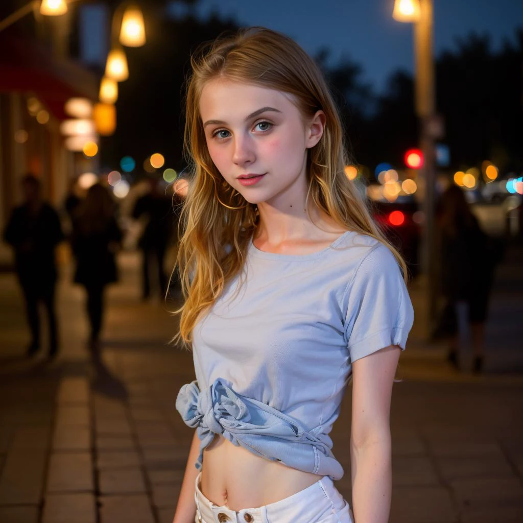 Upper body shot photo of a happy Beautiful woman wearing casual clothes on a busy city street at night, streetlights (smiling:0.8) <lora:CharlotteCarmen_v1.3:1> <lora:rMadArt3_NoiseOffset:0.7> <lora:jkSmallBreastsLite_V01:0.5>