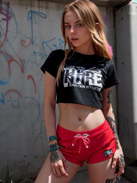 (CharlotteCarmen:1), (to8contrast style),wearing an oversized graphic t-shirt and colorful bright gym short shorts, posing in a gritty urban location with graffiti and concrete surfaces, capturing the edgy and rebellious nature of the streetwear style, urban fashion style, Annie Leibovitz photography, emphasizing the curves of her upper and lower torso, hips, and legs, dramatic lighting and shadows, high detail, ultra high detail, streetwear