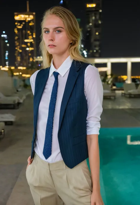 <lora:CharlotteCarmen_SDXL_v1.25-000057:1.25>
professional medium format 45mm ((3/4 body portrait)) photography of a enchantingly gorgeous blue eyed (((ohwx woman))) in dubai in front of an infinity pool, night, low light shot on a Hasselblad X1D II 50C, extreme bokeh, wearing very modest Gucci pinstripe suit, blouse, vest, khaki pants