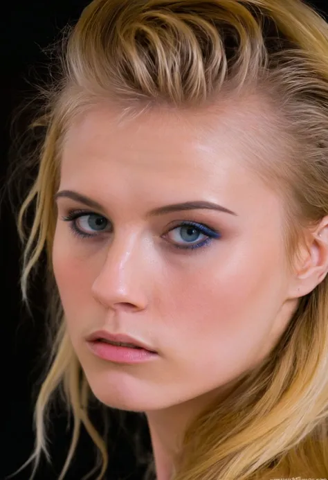 <lora:CharlotteCarmen_SDXL_v1.25-000057:1.1>
beauty photo of a striking close-up headshot of a blue eyed ((ohwx woman)) with a bold, blonde hairstyle, posing against a contrasting, dark background. The woman should be positioned at a slightly diagonal angle, with her head tilted slightly to the side and her eyes looking directly at the camera. Use a Hasselblad H6D-100c camera with a 50mm lens, f/1.4 aperture, 1/200s shutter speed, and ISO 100. Pay close attention to the lighting, which should create a dramatic Chiaroscuro effect, highlighting the woman's face and hair. The photograph should exhibit sharp focus, 100MP resolution, and high res quality, making it a masterpiece.