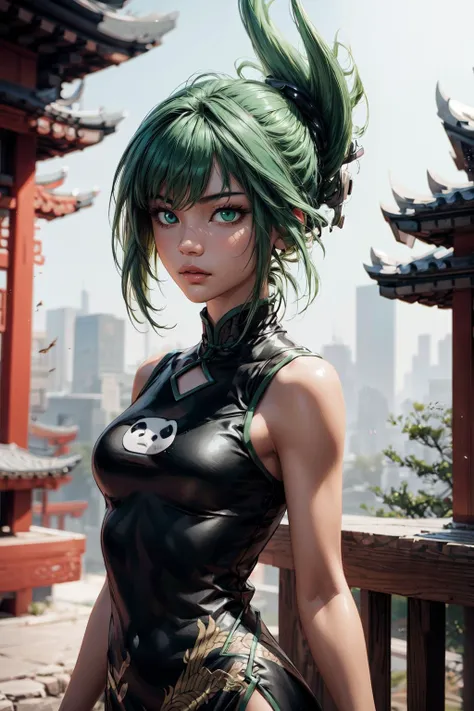 thick outlines, comics, photorealistic, 1girl, solo, cowboy shot, dynamic pose, <lora:tao_jun_v1:0.7>, tao jun, green eyes, china dress, chinese clothes, black dress, green hair, side slit, folded ponytail, animal print, chinese temple, detailed background, detailed face, detailed eyes, <lora:add_detail:0.7>