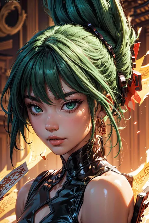 thick outlines, comics, photorealistic, 1girl, solo, (holding ofuda:1.1), dynamic pose, <lora:tao_jun_v1:0.7>, tao jun, green eyes, china dress, chinese clothes, black dress, green hair, side slit, folded ponytail, animal print, chinese temple, detailed background, detailed face, detailed eyes, <lora:add_detail:0.7>