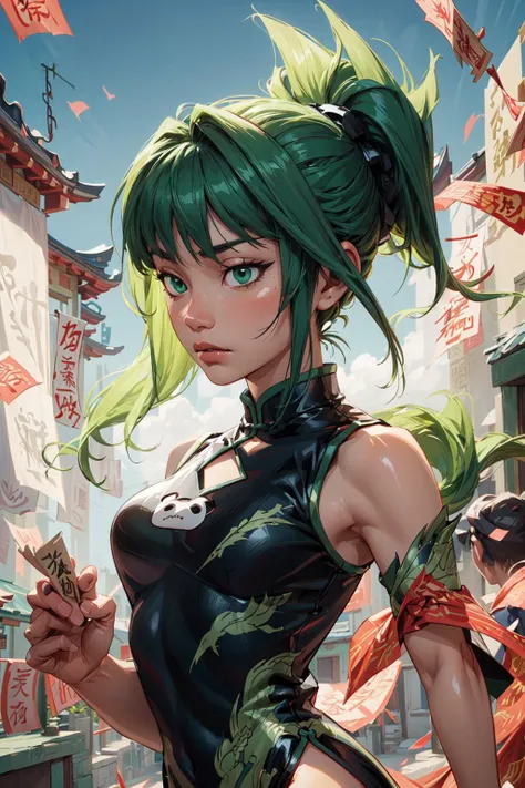thick outlines, comics, photorealistic, 1girl, solo, (holding ofuda:1.1), dynamic pose, <lora:tao_jun_v1:0.7>, tao jun, green eyes, china dress, chinese clothes, black dress, green hair, side slit, folded ponytail, animal print, chinese temple, detailed background, detailed face, detailed eyes, <lora:add_detail:0.7>